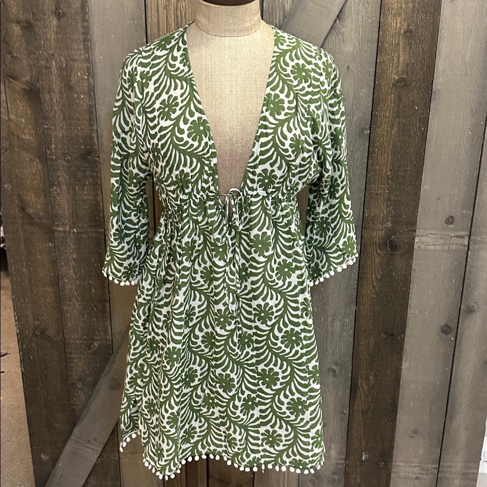 Milly Cabana Silk Blend Swim Cover Up Green White Pom Pom Boho Resort Beach Pool